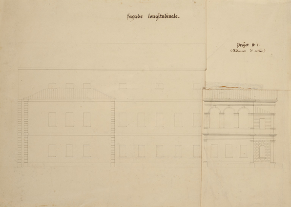 Théâtre de Dôle. Convenance, Economie [projet H]. Façade longitudinale. Projet n° 1 (Bâtiment d'entrée). S.d. [1839]. © Région Bourgogne-Franche-Comté, Inventaire du patrimoine