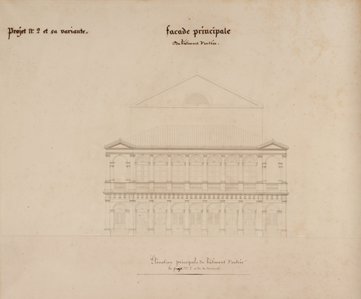 Théâtre de Dôle. Convenance, Economie [projet H]. Façade principale du bâtiment d'entrée. Projet n° 2 et sa variante. S.d. [1839]. © Région Bourgogne-Franche-Comté, Inventaire du patrimoine