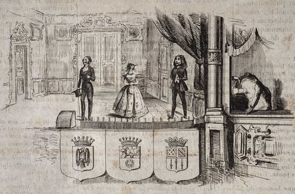 Dessin satyrique publié dans l'Album dolois du 11 juin 1843, à l'occasion de l'inauguration du théâtre. © Région Bourgogne-Franche-Comté, Inventaire du patrimoine