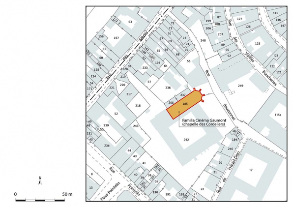 Plan de situation du Franco-Cinéma Gaumont puis Familia Cinéma Gaumont (chapelle des Cordeliers). Extrait du plan cadastral, 2022, section BH, échelle 1/500 agrandie à 1/1 000. © Région Bourgogne-Franche-Comté, Inventaire du patrimoine