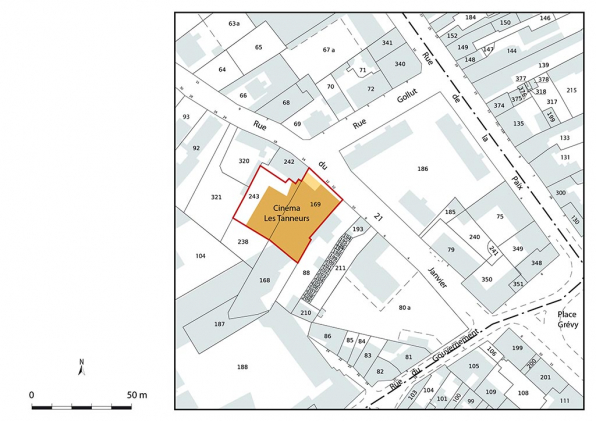 Plan de situation du cinéma les Tanneurs (auparavant l'Omnia). Extrait du plan cadastral, 2022, section BL, échelle 1/1 000. © Région Bourgogne-Franche-Comté, Inventaire du patrimoine