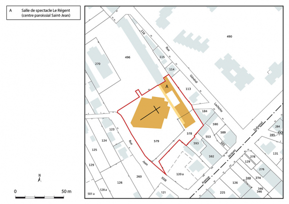 Plan de situation de la salle de spectacle le Régent (centre paroissial Saint-Jean). Extrait du plan cadastral, 2022, section BT, échelle 1/1 000. © Région Bourgogne-Franche-Comté, Inventaire du patrimoine