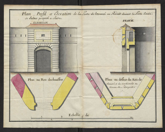 Plan Profil et élévation de la Porte de l'avancée ou Réduit devant la Porte haute de Salins proposé à faire. 1741. © Service historique de la Défense