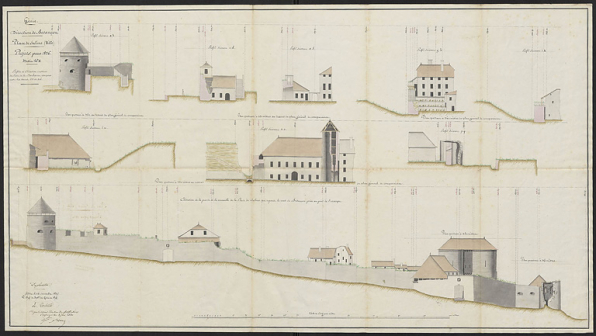 Place de Salins (ville) [...]. Projet pour 1826. Profils et élévation continue du front de la Barbarine [...], 1825. © Service historique de la Défense