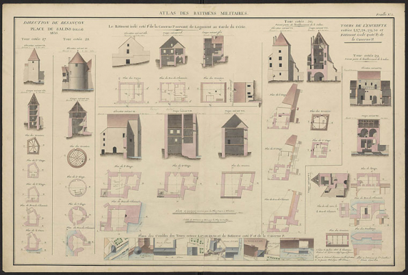 Atlas des bâtiments militaires. Place de Salins (1835). Détail de la tour de Flore à gauche (n°28). © Service historique de la Défense Atlas des bâtiments militaires. Place de Salins (1835). Détail de la tour de Flore à gauche (n°28). © Service historique de la Défense