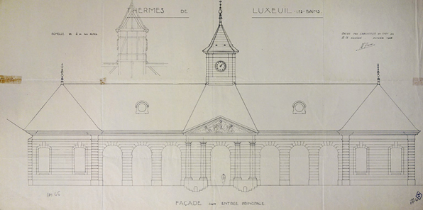 Relevé de la façade nord du bâtiment nord dit du Grand Bain (années 1920-1930). © Région Bourgogne-Franche-Comté, Inventaire du patrimoine