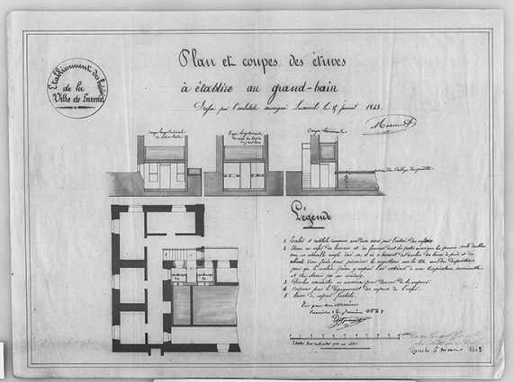  Projet de Bain spécial ferrugineux, plan et coupe sur les étuves (15 janvier 1843). © Archives nationales