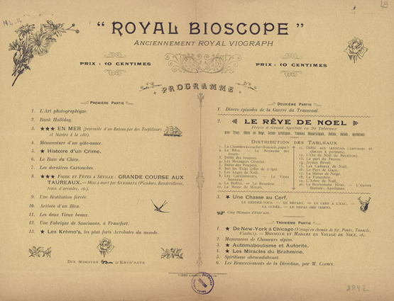 [Exemple de manifestation : programme du Royal Bioscope accompagnant un courrier daté du 6 avril 1901]. © Région Bourgogne-Franche-Comté, Inventaire du patrimoine