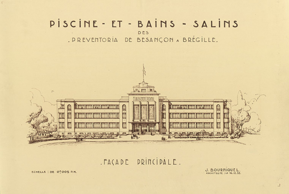 Projet de piscine et bains salins des Préventoria à Brégille, façade principale (1935). © Archives municipales, Besançon