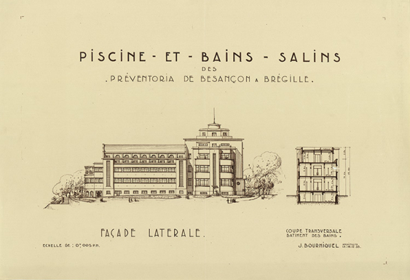 Projet de piscine et bains salins des Préventoria à Brégille, façade latérale (1935). © Archives municipales, Besançon
