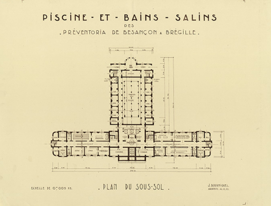 Projet de piscine et bains salins des Préventoria à Brégille, plan du sous-sol (1935). © Archives municipales, Besançon