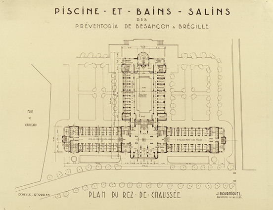 Projet de piscine et bains salins des Préventoria à Brégille, plan du rez-de-chaussée (1935). © Archives municipales, Besançon
