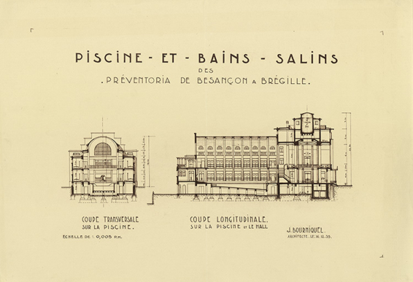 Projet de piscine et bains salins des Préventoria à Brégille, coupes (1935). © Archives municipales, Besançon