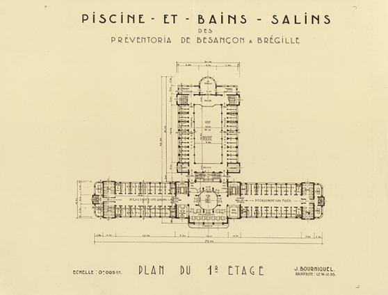 Projet de piscine et bains salins des Préventoria à Brégille, plan du premier étage (1935). © Archives municipales, Besançon