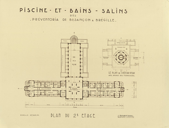 Projet de piscine et bains salins des Préventoria à Brégille, plan du deuxième étage (1935). © Archives municipales, Besançon