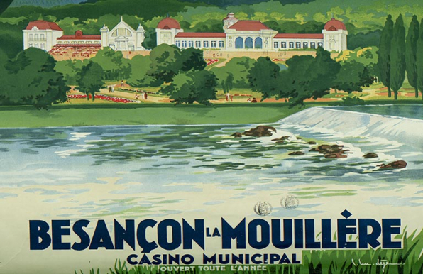 Situation de l'établissement thermal (à droite) et du casino-restaurant (à gauche) avec le parc Micaud et le Doubs (vers 1930-1940). © Archives municipales, Besançon