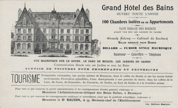 Façade sur la rue, dans une brochure publicitaire (vers 1900). © Archives municipales, Besançon