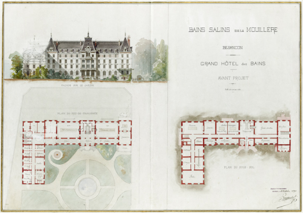 Avant-projet, plan du sous-sol et du rez-de-chaussée, façade sur le jardin (8 octobre 1890). © Bibliothèque municipale, Besançon