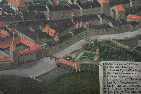 Tableau de Nicolas Richard (2e quart du 17e siècle) : secteur bâti entre la Grande Rue du Bourg-Dessus et la rue des Wallons. © Région Bourgogne-Franche-Comté, Inventaire du patrimoine Tableau de Nicolas Richard (2e quart du 17e siècle) : secteur bâti entre la Grande Rue du Bourg-Dessus et la rue des Wallons. © Région Bourgogne-Franche-Comté, Inventaire du patrimoine