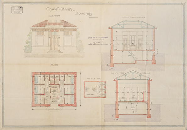 Bains douches, projet, 1906 [plan, coupes, élévation]. © Région Bourgogne-Franche-Comté, Inventaire du patrimoine