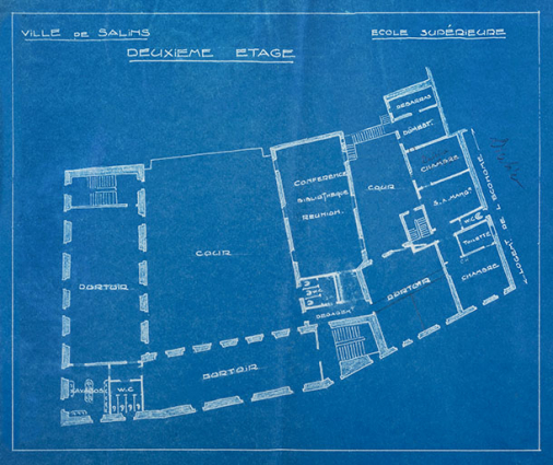 Projet d'aménagement de l'école Voltaire en école primaire supérieure. Plan du deuxième étage, s.d. [1921]. © Région Bourgogne-Franche-Comté, Inventaire du patrimoine