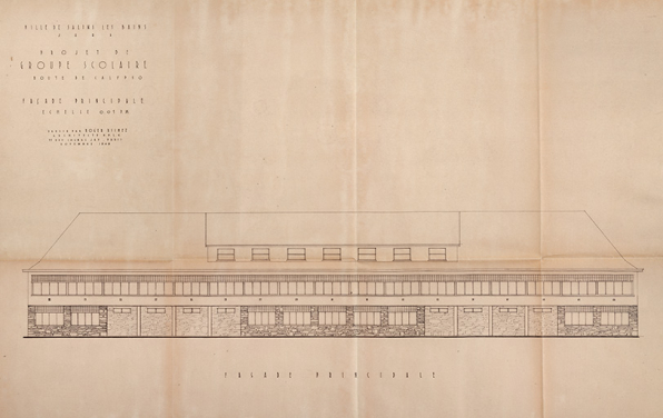 Projet de groupe scolaire, façade principale, route de Calypso, 1949. © Région Bourgogne-Franche-Comté, Inventaire du patrimoine