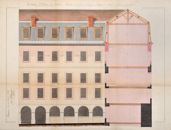 Institution Sainte-Marie de Salins. Façade sur la cour et coupe du bâtiment nord, 1879. © Région Bourgogne-Franche-Comté, Inventaire du patrimoine Institution Sainte-Marie de Salins. Façade sur la cour et coupe du bâtiment nord, 1879. © Région Bourgogne-Franche-Comté, Inventaire du patrimoine