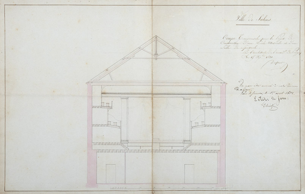 Coupe transversale pour le projet de construction d'une école mutuelle et d'une salle de spectacle, 1831. © Région Bourgogne-Franche-Comté, Inventaire du patrimoine
