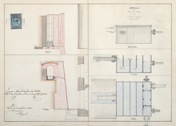 Détail du bassin de division [Fontaine des Ursulines]. Plans et coupes, 1880.  © Région Bourgogne-Franche-Comté, Inventaire du patrimoine