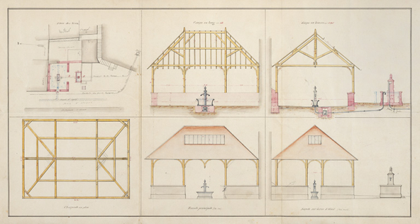 Lavoirs - Plans, coupes et élévations, 1879. © Région Bourgogne-Franche-Comté, Inventaire du patrimoine