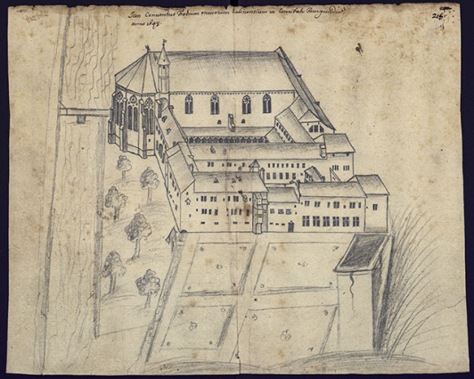 Vue du couvent des Cordeliers de Salins, 1648. © Région Bourgogne-Franche-Comté, Inventaire du patrimoine Vue du couvent des Cordeliers de Salins, 1648. © Région Bourgogne-Franche-Comté, Inventaire du patrimoine