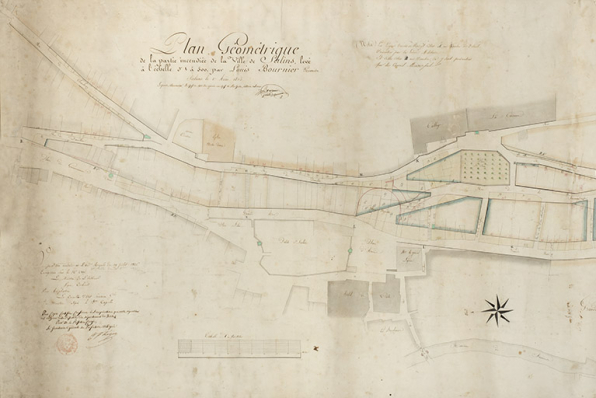 Plan géométrique de la partie incendiée de la ville de Salins, 1826. © Archives municipales, Besançon Plan géométrique de la partie incendiée de la ville de Salins, 1826. © Archives municipales, Besançon