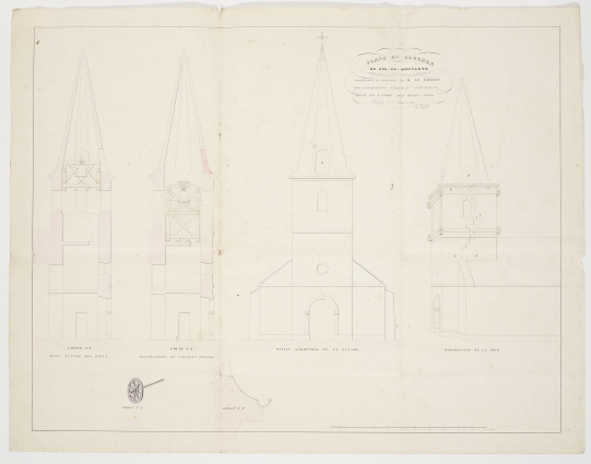 Plans du clocher de Fay-en-Montagne. Coupe n°1. Coupe n°2. Dessin géométral de la façade. Perspective de la tour. 1839. © Archives départementales du Jura Plans du clocher de Fay-en-Montagne. Coupe n°1. Coupe n°2. Dessin géométral de la façade. Perspective de la tour. 1839. © Archives départementales du Jura