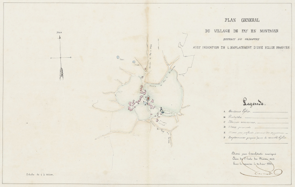 Plan général du village de Fay-en-Montagne, extrait du cadastre avec indication de l'emplacement d'une église projetée. 1853. © Archives départementales du Jura Plan général du village de Fay-en-Montagne, extrait du cadastre avec indication de l'emplacement d'une église projetée. 1853. © Archives départementales du Jura