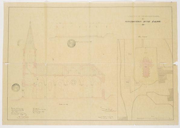 Construction d'une église. Plan général. Coupe en long. Profil. 1855. © Archives départementales du Jura Construction d'une église. Plan général. Coupe en long. Profil. 1855. © Archives départementales du Jura