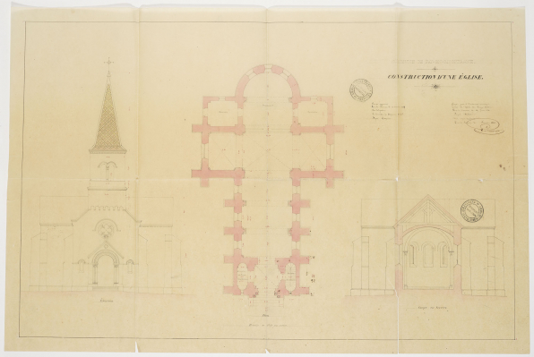 Construction d'une église. Elévation. Plan. Coupe en travers. 1855. © Archives départementales du Jura Construction d'une église. Elévation. Plan. Coupe en travers. 1855. © Archives départementales du Jura