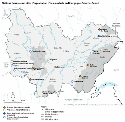 Stations thermales et sites d'exploitation d'eau minérale en Bourgogne-Franche-Comté. © Région Bourgogne-Franche-Comté, Inventaire du patrimoine