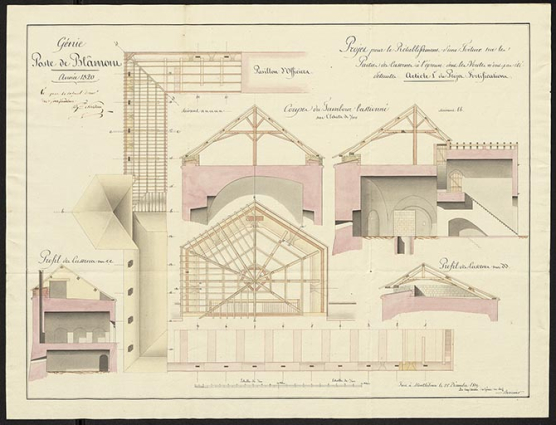 Projet pour le rétablissement d'une toiture sur les parties des casernes à l'épreuve dont les voûtes n'ont pas été détruites. 1819. © Service historique de la Défense