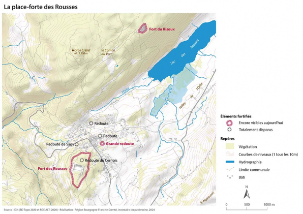 Plan de situation de la place forte des Rousses. Extrait IGN BD Topo et RGE alti 2020, 1/25 000. © Région Bourgogne-Franche-Comté, Inventaire du patrimoine