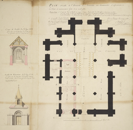 Plan détaillé de l'église de l'abbaye de Goailles [plan, coupe, élévation], 1783. © Archives municipales, Besançon