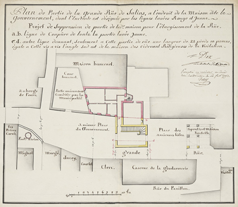 Plan de la partie de la Grande Rüe de Salins, a l'endroit de la Maison dite le Gouvernement [...], 1793. © Archives municipales, Besançon