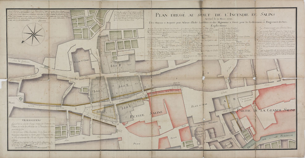 Plan dressé au sujet de l’incendie de Salins arrivé le 17 mars 1750 [...], 1751. © Archives municipales, Besançon