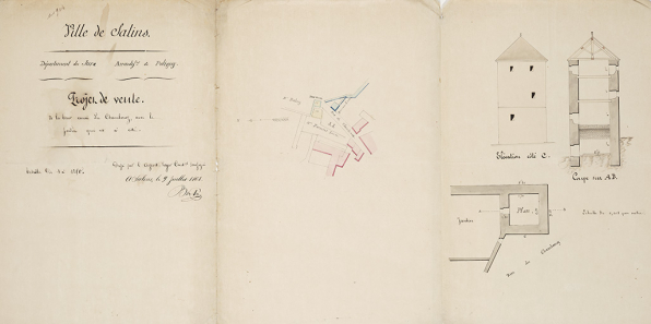 Projet de vente de la tour carrée de Chambenoz [élévation, plan, coupe], 1868. © Région Bourgogne-Franche-Comté, Inventaire du patrimoine