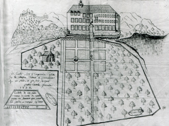 Vue cavalière et plan, par Sixte Castelet, 1725. © Archives municipales, Besançon Vue cavalière et plan, par Sixte Castelet, 1725. © Archives municipales, Besançon