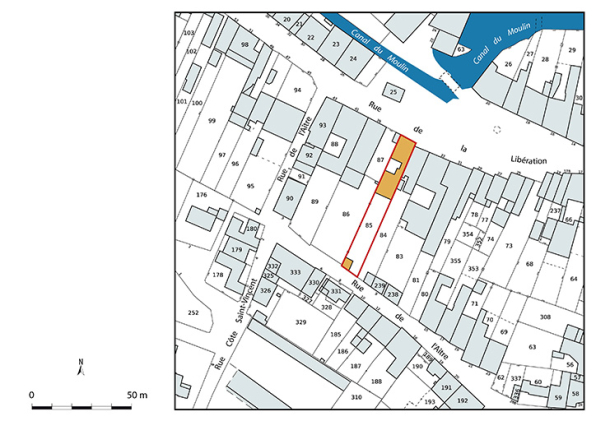 Plan-masse et de situation. Extrait du plan cadastral numérisé de la direction générale des finances publiques, 2025, 1/1 000. © Région Bourgogne-Franche-Comté, Inventaire du patrimoine