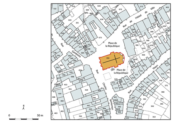 Plan-masse et de situation. Extrait du plan cadastral numérisé de la direction générale des finances publiques, 2025, 1/1 000. © Région Bourgogne-Franche-Comté, Inventaire du patrimoine