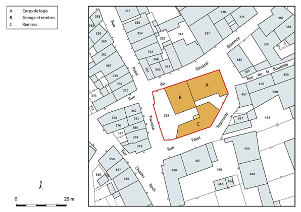 Plan-masse et de situation. Extrait du plan cadastral numérisé de la direction générale des finances publiques, 2025, 1/500. © Région Bourgogne-Franche-Comté, Inventaire du patrimoine