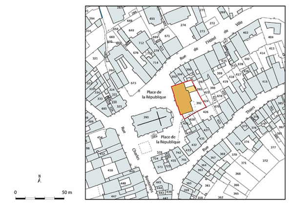 Plan-masse et de situation. Extrait du plan cadastral numérisé de la direction générale des finances publiques, 2025, 1/1 000. © Région Bourgogne-Franche-Comté, Inventaire du patrimoine