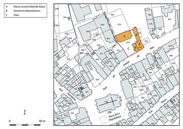 Plan-masse et de situation. Extrait du plan cadastral numérisé de la direction générale des finances publiques, 2025, 1/1 000. © Région Bourgogne-Franche-Comté, Inventaire du patrimoine