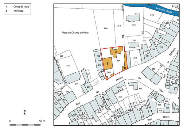 Plan-masse et de situation. Extrait du plan cadastral numérisé de la direction générale des finances publiques, 2025, 1/1 000. © Région Bourgogne-Franche-Comté, Inventaire du patrimoine